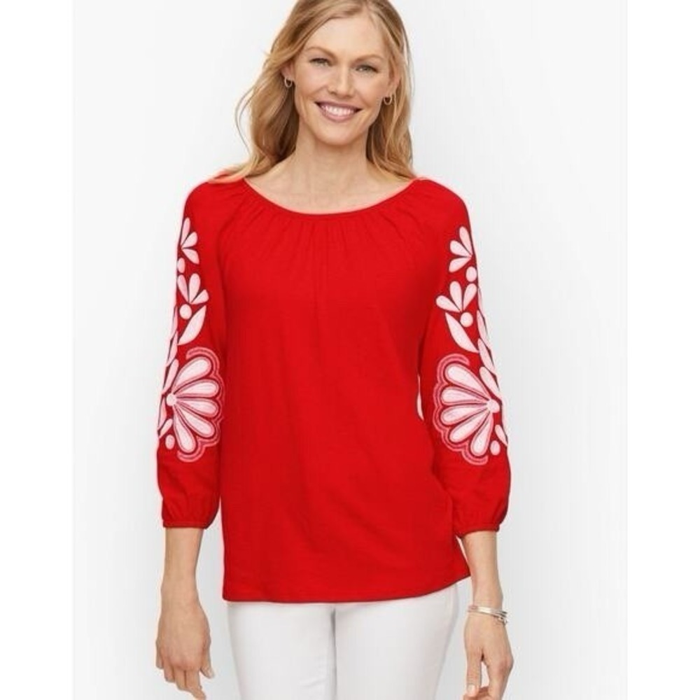 Talbots Womens Embroidered‎ 3/4 Sleeve Top 1X Peasant Coastal Resort Beachy